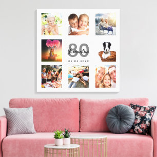 80th birthday custom photo collage white monogram canvas print