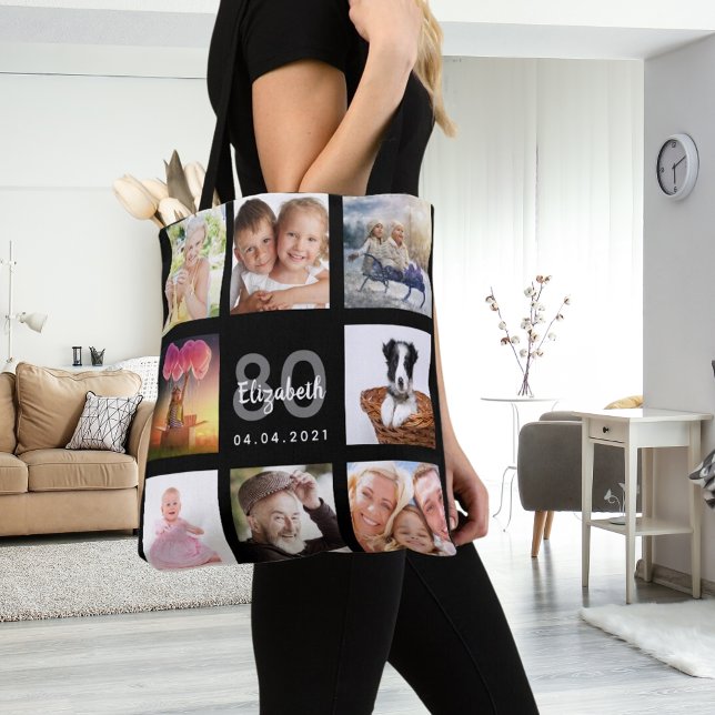 80th birthday custom photo collage woman black tote bag (Creator Uploaded)