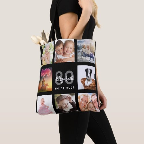 80th birthday custom photo collage woman black tote bag