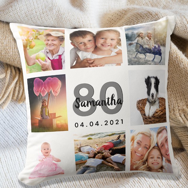 80th birthday custom photo collage woman white throw pillow (Creator Uploaded)