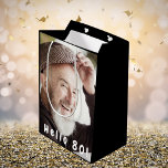 80th birthday custom photo hello 80 guy man medium gift bag<br><div class="desc">Template for Your photo.  White text overlay: Hello 80!  A gift bag for a 80th birthday party for him.  Black bacground color.</div>