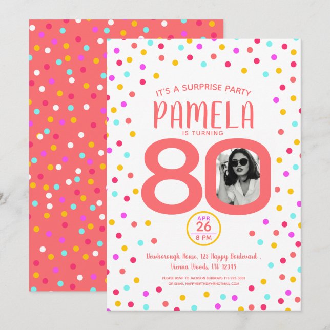 80th birthday custom photo living coral confetti invitation (Front/Back)