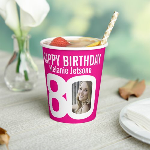 80th birthday custom two photo pink white paper cups