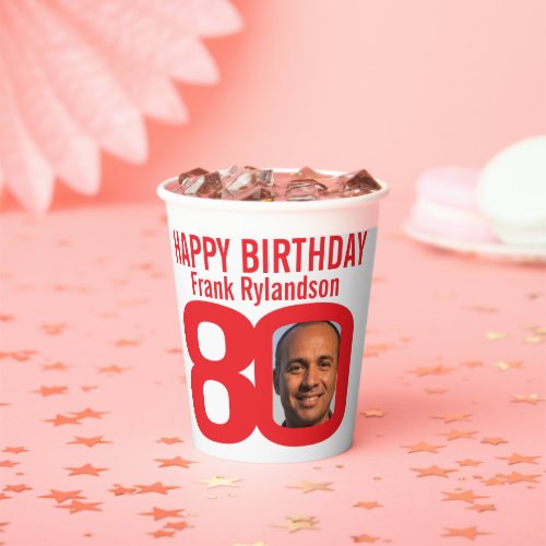 80th birthday custom two photo red white paper cups