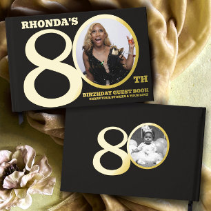 80th birthday custom two photos black gold foil guest book