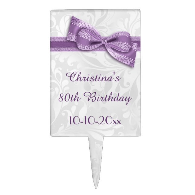 80th Birthday Damask and Faux Bow Cake Topper (Front)