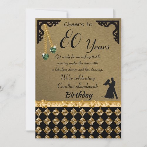 80th Birthday Dance Party Green Heart Gem  Damask Invitation