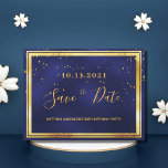 80th birthday dark blue gold save the date postcard<br><div class="desc">A Save the Date card for a 80th birthday party for a guy, man, male. A dark blue background decorated with golden confetti and a faux gold and black frame. The blue color is uneven. Templates for a date and name/age 80. Golden colored letters. The text: Save the Date is...</div>