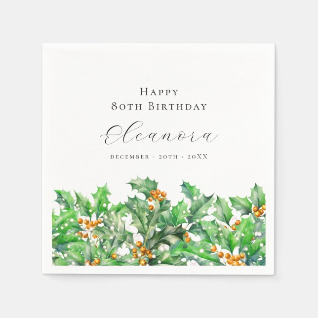 80th Birthday December Birth Flower Holly Custom Napkins (Front)