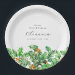 80th Birthday December Birth Flower Holly Custom Paper Plates<br><div class="desc">Perfect table decor for a December birthday party. Holly is the birth flower for that month. It forms a pretty watercolor bottom border on this festive personalized round paper plate. The birthday celebrant's name,  age and birthdate are placed above it using elegant calligraphy and typography. All text is editable.</div>