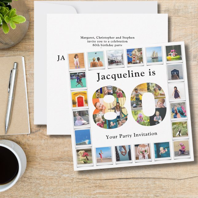 80th Birthday Design Your own Photo Collage Invitation (Personalized 80th birthday invitations with family photo collage template.)