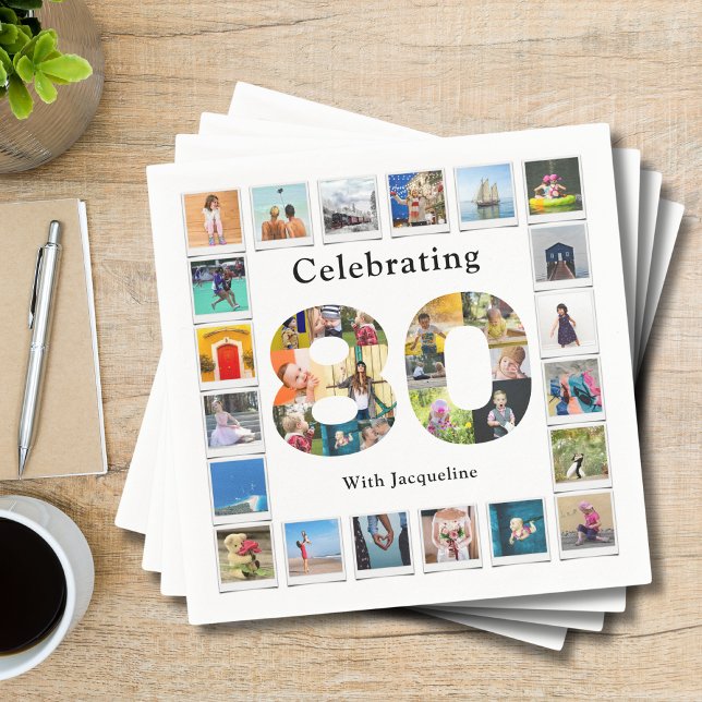 80th Birthday Design Your own Photo Collage Napkins (Personalized 80th birthday party napkin with custom family photo collage template.)