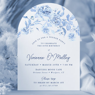 80th Birthday Dinner Party Blue Floral Arch Invitation