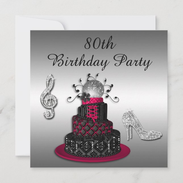 80th Birthday Disco Diva Cake and Sparkle Heels Invitation (Front)
