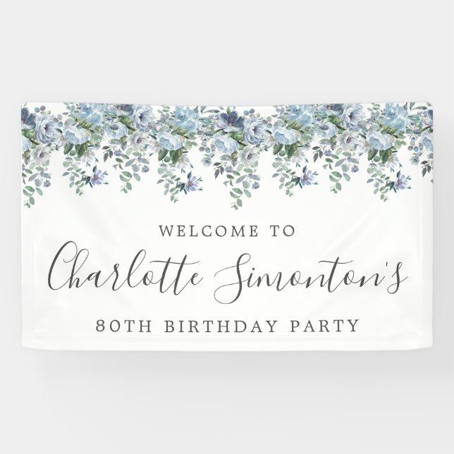 80th Birthday Dusty Blue Floral Welcome Banner (Horizontal)