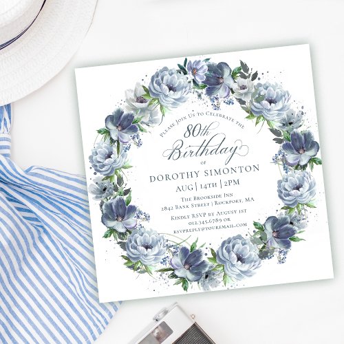 80th Birthday Dusty Blue Flower Wreath Invitation