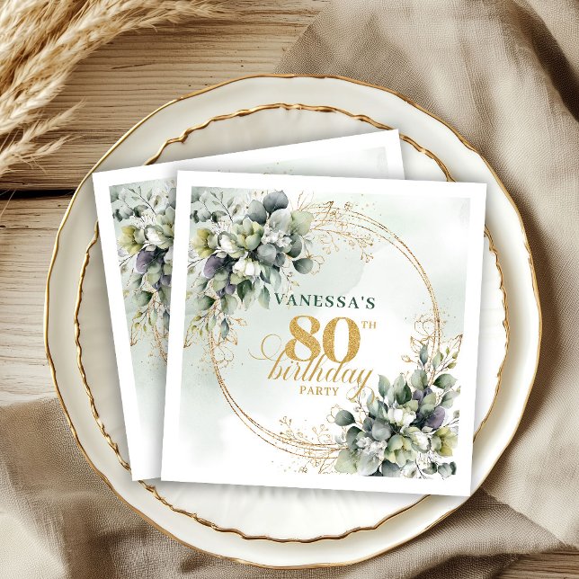 80th birthday Dusty Green Boho Eucalyptus Napkins (Elegant Dusty Green Gold Eucalyptus 80th Birthday Napkins)