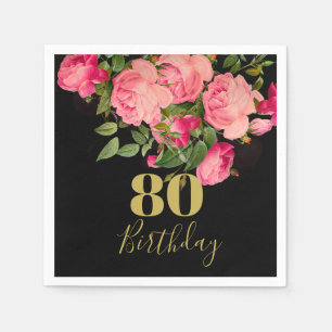 80th Birthday Eightieth Black Gold Elegant Napkins