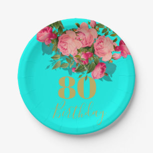80th Birthday Eightieth Blue Gold Rose Elegant Paper Plates