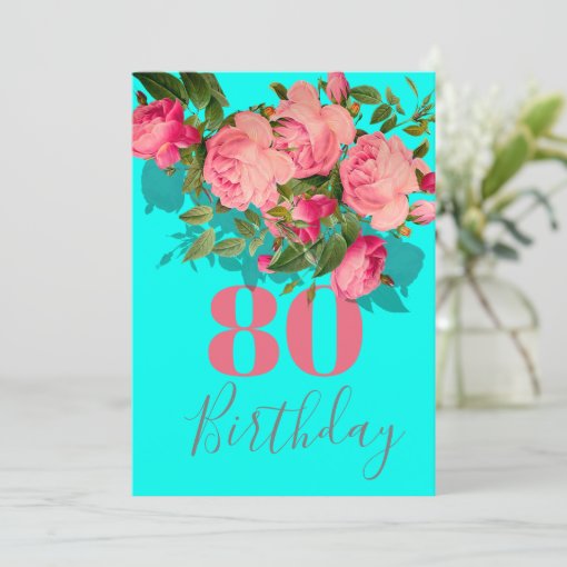 80th Birthday Eightieth Blue Pink Rose Elegant Invitation Zazzle