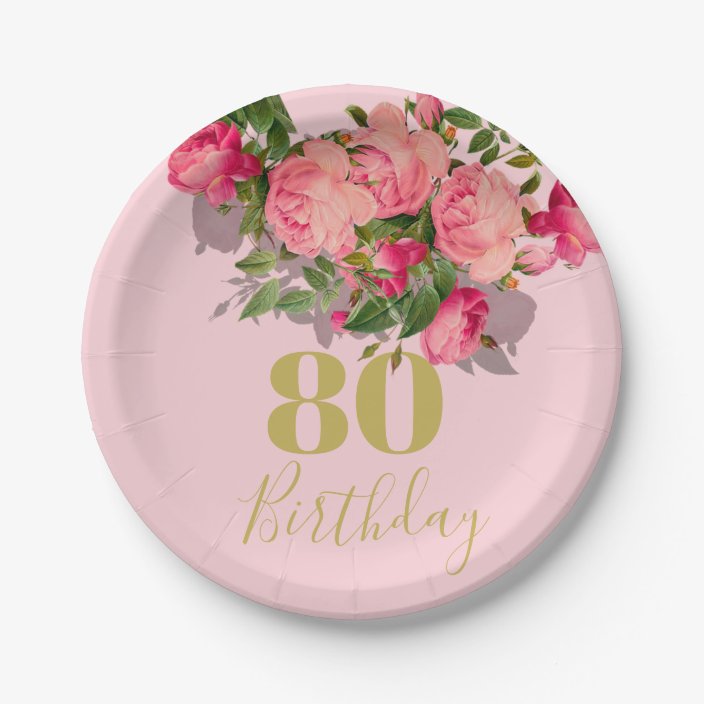 80th Birthday Eightieth Pink Rose Elegant Paper Plate 2950