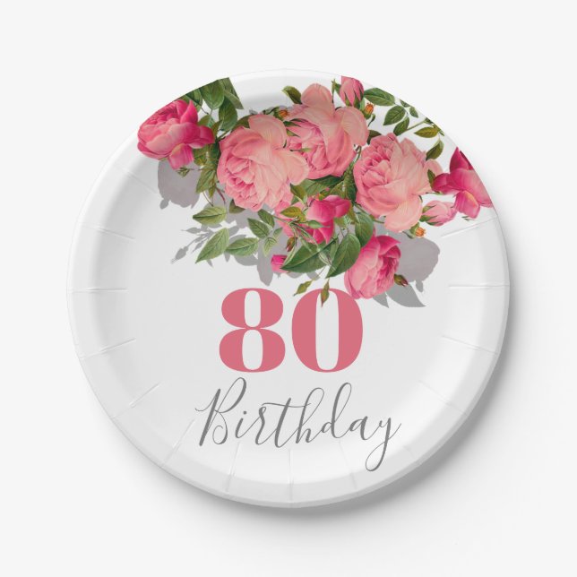 80th Birthday Eightieth Pink Rose Elegant Paper Plates (Front)