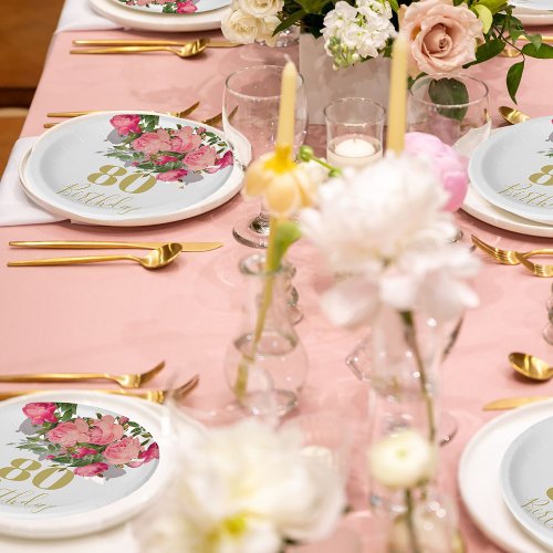 80th Birthday Eightieth Rose Elegant Paper Plates