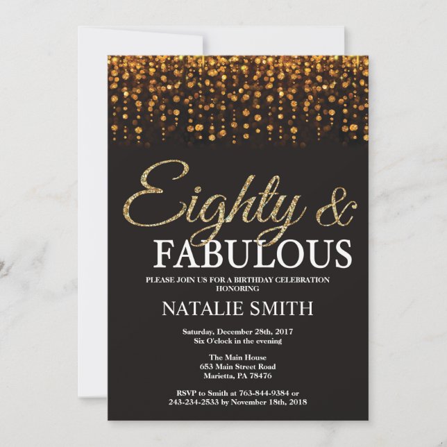 80th Birthday Eighty and Fabulous Gold Glitter Invitation (Front)