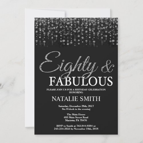 80th Birthday Eighty and Fabulous Silver Glitter Invitation