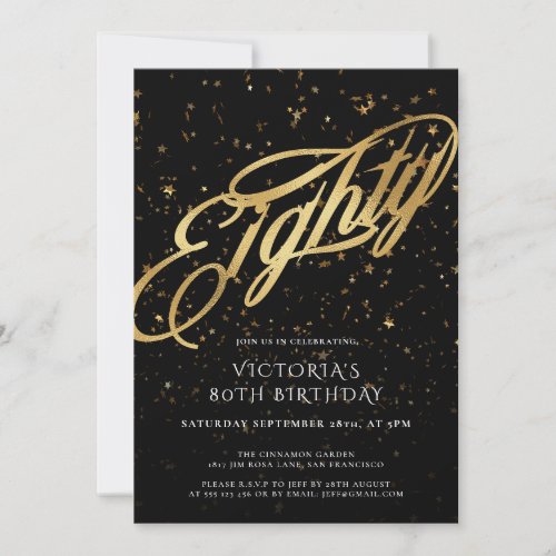 80th Birthday Eighty Black Gold Confetti Elegant