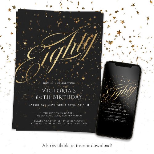 80th Birthday Eighty Black Gold Confetti Elegant Invitation