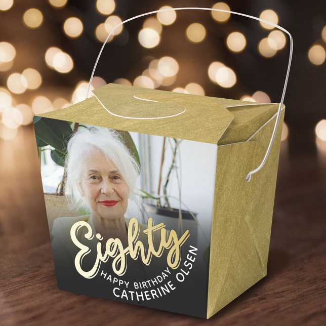 80th birthday Eighty script gold black photo  Favor Boxes (Creator Uploaded)