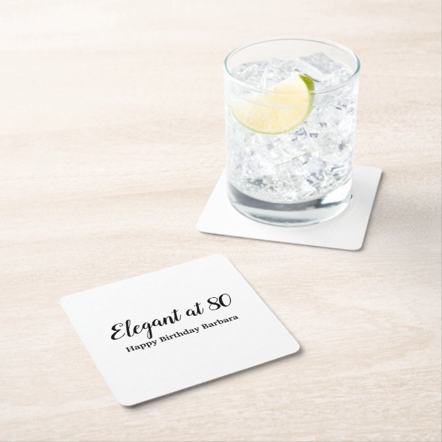 80th birthday elegant at 80 black personalize square paper coaster (Insitu)
