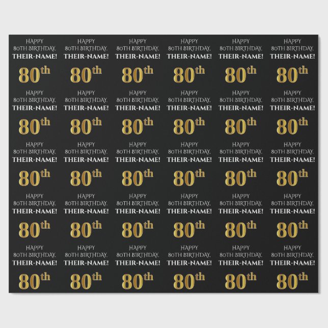 80th Birthday: Elegant, Black, Faux Gold Look Wrapping Paper (Flat)