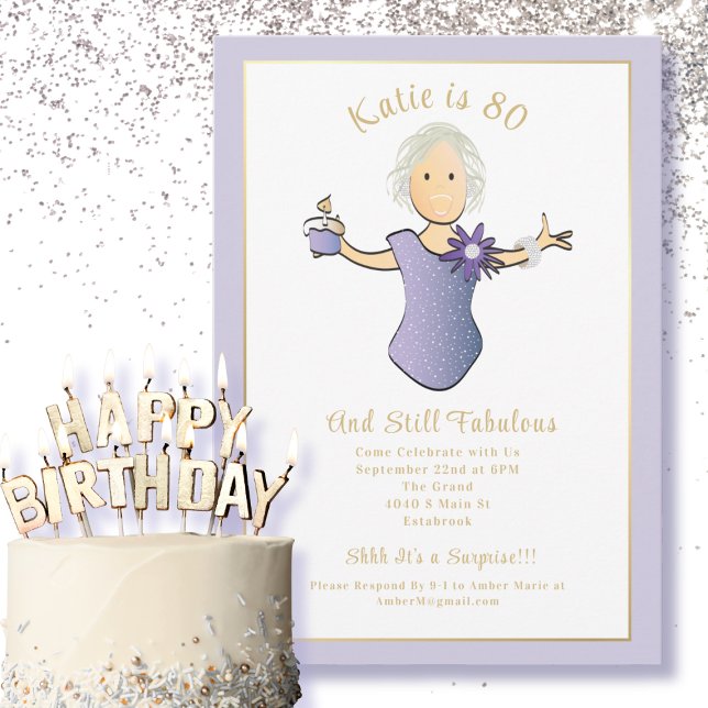 80th Birthday Elegant Blue Gold Cartoon Fab 80  Invitation (Creator Uploaded)