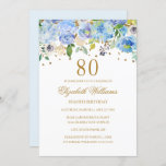80th Birthday Elegant Blue Gold Floral Invitation<br><div class="desc">More floral birthday invitations in the Little Bayleigh store!</div>