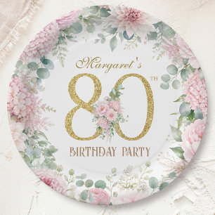 80th Birthday Elegant Blush Pink & Gold Floral Paper Plates