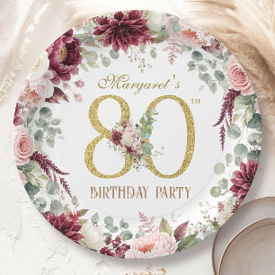 80th Birthday Elegant Burgundy Blush Floral Paper Plates
