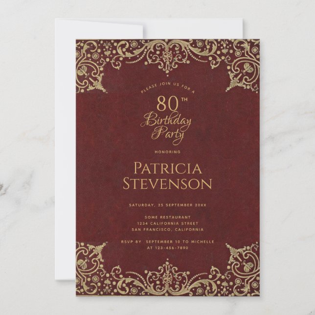 80th Birthday Elegant Burgundy Vintage Gold Script Invitation (Front)