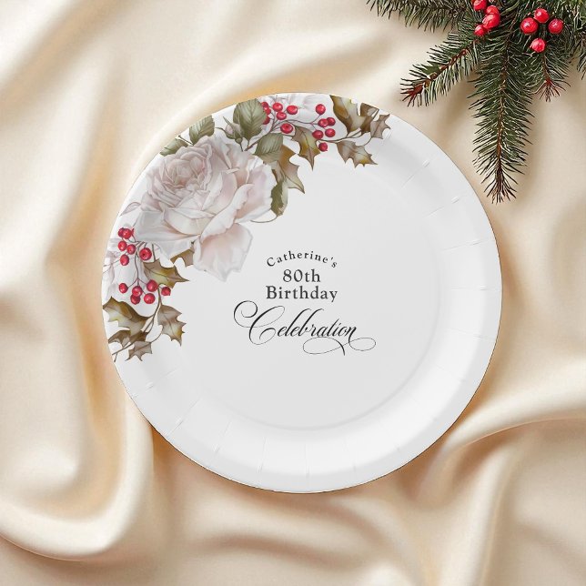 80th Birthday Elegant December Floral Paper Plates (Creator Uploaded)