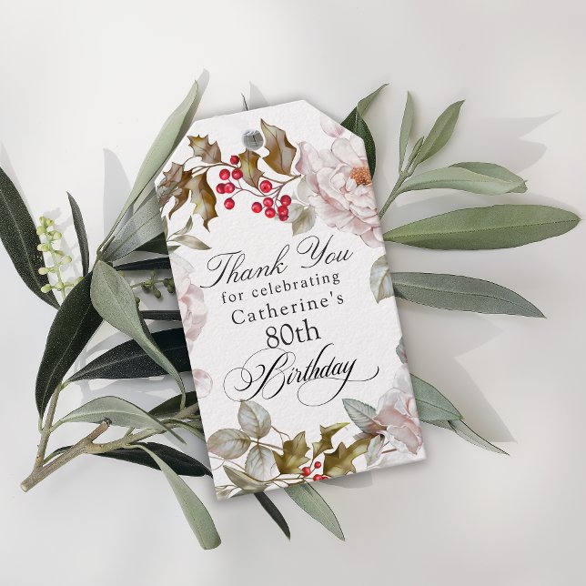 80th Birthday Elegant December Floral Thank You  Gift Tags (Creator Uploaded)