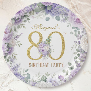 80th Birthday Elegant Dusty Purple & Gold Floral Paper Plates