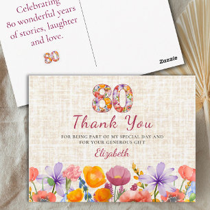 80th Birthday - Elegant Floral Number 80 Thank You Postcard