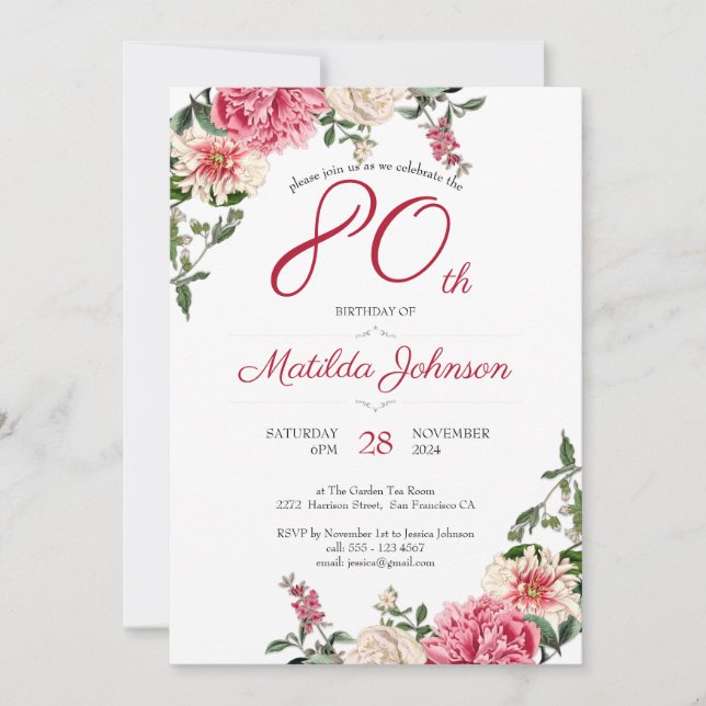 80th Birthday Elegant Floral Pink Red Custom Party Invitation (Front)