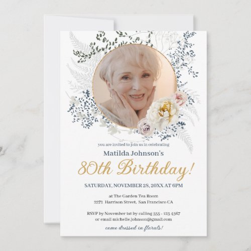 80th Birthday Elegant Floral Yellow Custom Photo Invitation
