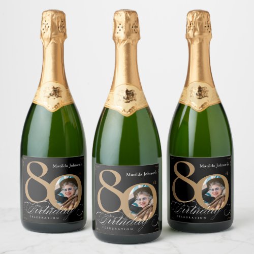 80th Birthday Elegant Gold Black Custom Photo  Sparkling Wine Label