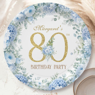 80th Birthday Elegant Gold Dusty Blue Floral Paper Plates