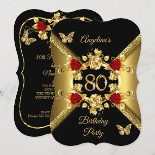 80th Birthday Elegant Gold Red Roses Black Invitation