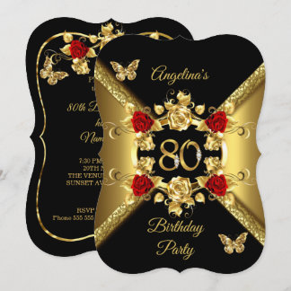 80th Birthday Elegant Gold Red Roses Black Invitation