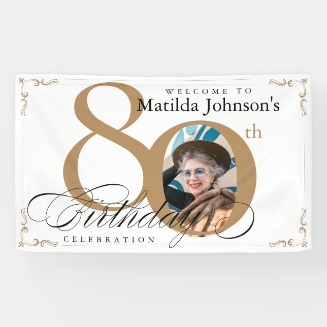 80th Birthday Elegant Gold White Calligraphy Photo Banner (Horizontal)